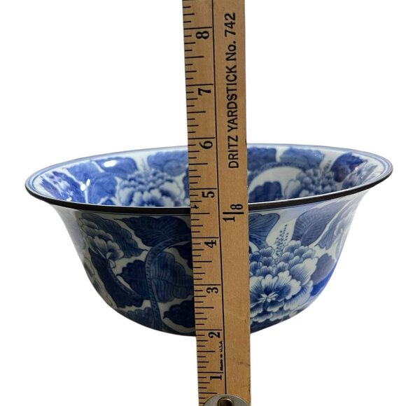Blue White VNTG Porcelain Peony Bowl Large 10.5” Decor Bowl Floral Chinoserie - Picture 4 of 5